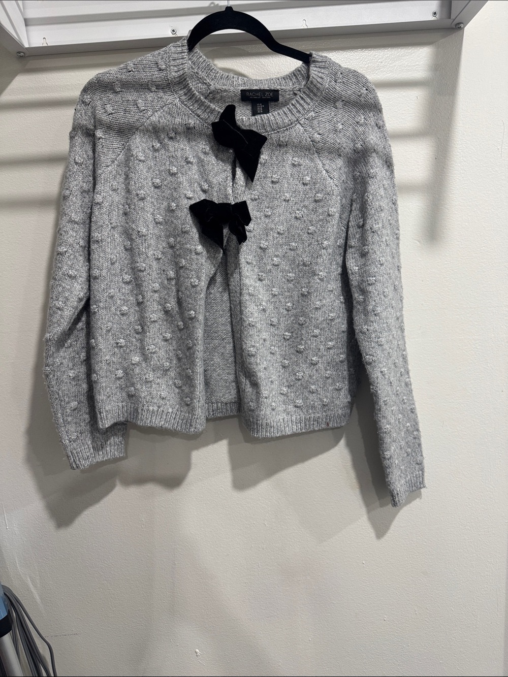 Rachel Zoe Light Gray Pom-Pom Knit Cardigan with Black Velvet Bows